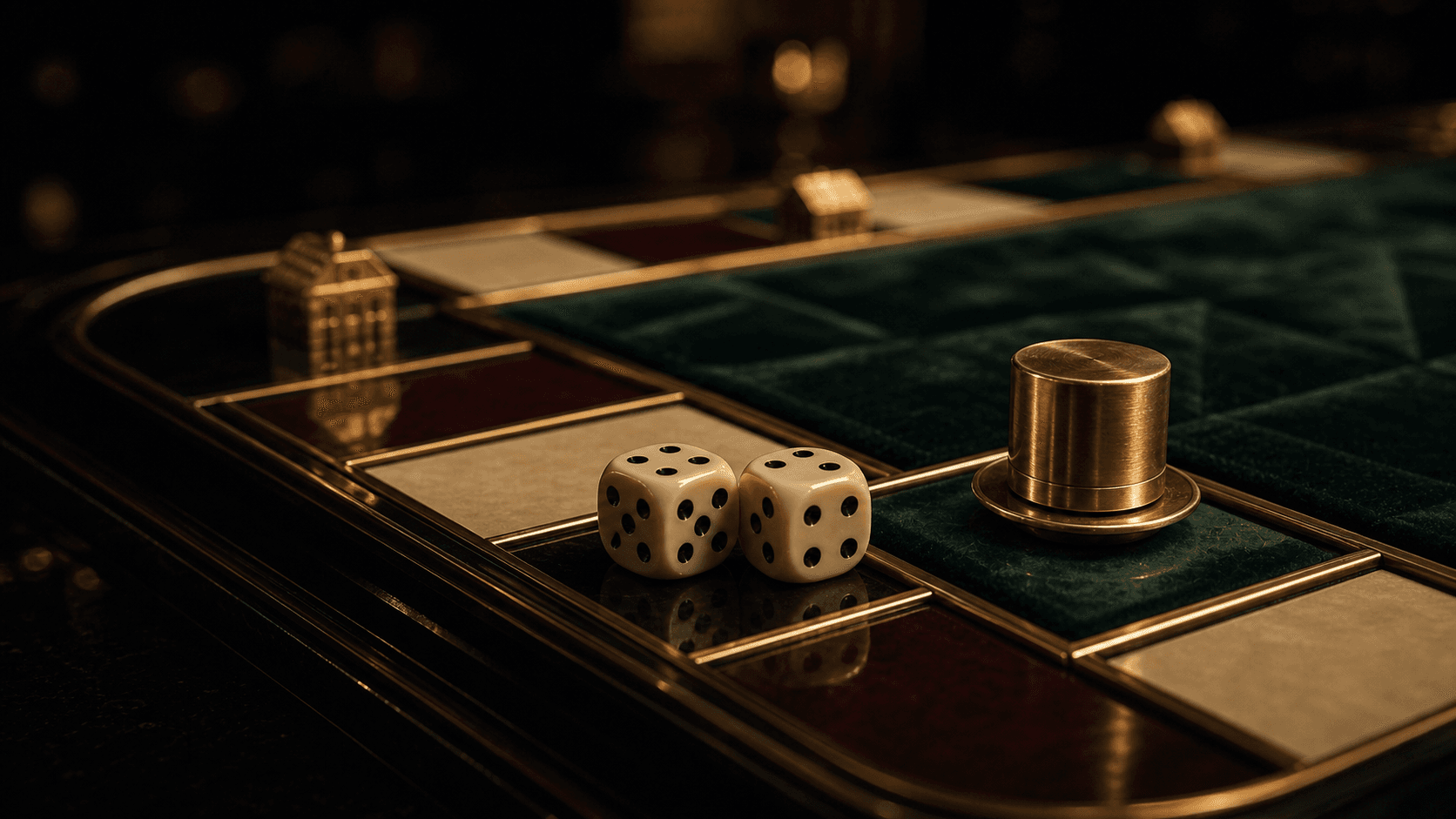 Original macro editorial scene of exactly two ivory dice and a brass top-hat-shaped token on a green landing square